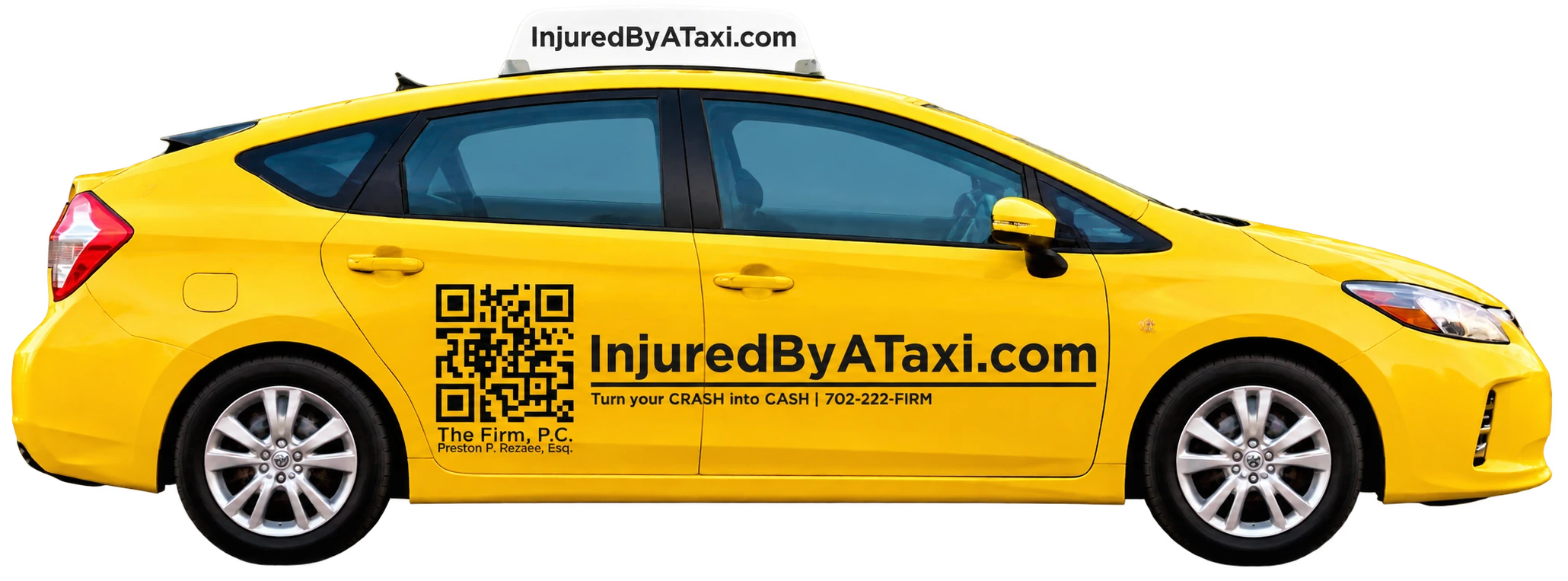 Yellow InjuredByATaxi.com Toyota Prius taxi