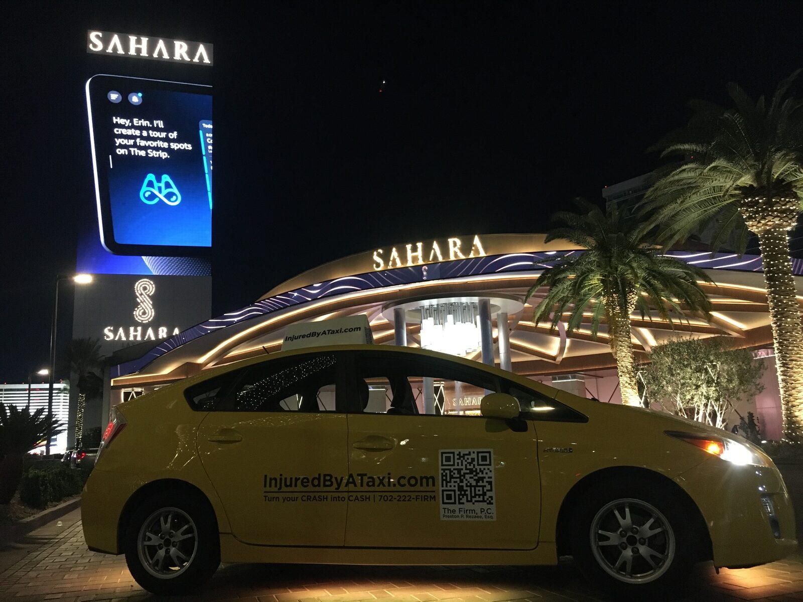The InjuredByATaxi.com taxi outside Sahara Las Vegas